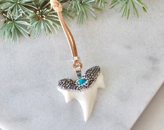 Pave Crystals and Turquoise Shark Tooth and Suede Christmas Ornaments