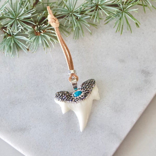 Pave Crystals and Turquoise Shark Tooth and Suede Christmas Ornaments