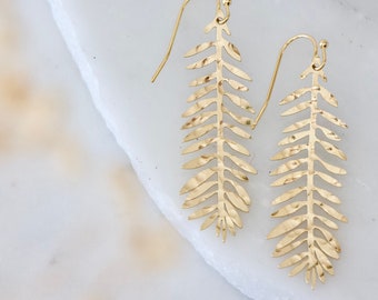 Hammered Feather Leaf Brass Earrings