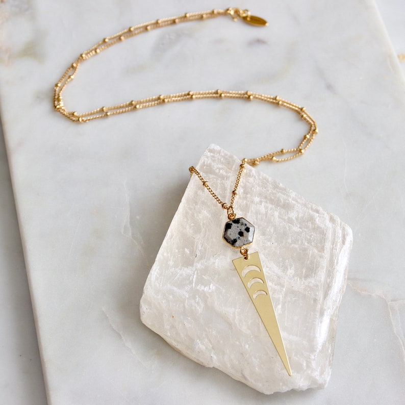 Dalmatian Jasper and Brass Moon Phase Triangle Long Necklace image 2