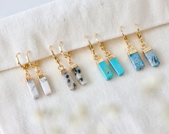 Stone Rectangle Huggie Earrings - Turquoise, Apatite, Labradorite, or White Turquoise