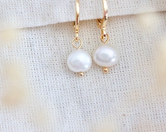 Round Pearl Drop Huggie Earrings