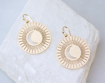 Boucles d'oreilles pièce de monnaie soleil et lune en laiton