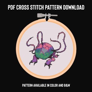 May include: A cross stitch pattern of a colourful, alien-like creature with multiple tentacles. The pattern is available in colour and black and white. PDF Cross Stitch Pattern Download.