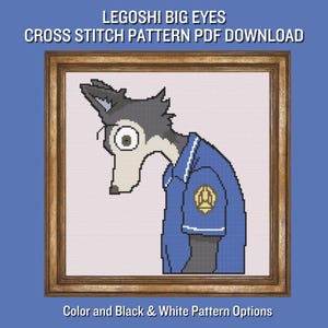 Puede incluir: Patrón de punto de cruz con Legoshi de la serie de anime, con uniforme azul y emblema dorado. El texto superior dice "LEGOSHI BIG EYES CROSS STITCH PATTERN PDF DOWNLOAD". El texto inferior dice "Color and Black & White Pattern Options".