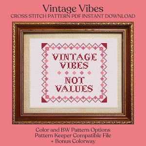Puede incluir: Un patrón de punto de cruz enmarcado con las palabras "Vintage Vibes Not Values" en rojo y rosa. El marco es de color dorado oscuro y ornamentado. El texto "Vintage Vibes" y "Cross Stitch Pattern PDF Instant Download" están en la parte superior.