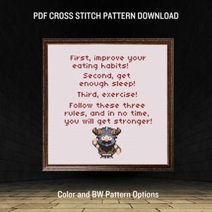 Könnte beinhalten: Ein gerahmtes Kreuzstichmuster mit dem Text "First, improve your eating habits! Second, get enough sleep! Third, exercise!" und einer kleinen Cartoonfigur. Der Text "PDF Cross Stitch Pattern Download" steht oben und "Color and BW Pattern Options" unten.