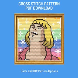 May include: Cross stitch pattern PDF download of a pixelated image of He-Man with a rainbow background. Color and BW pattern options are available.