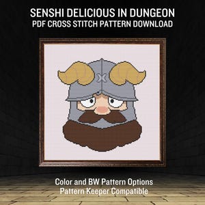 May include: Cross stitch pattern download featuring a pixelated illustration of a character from "Delicious in Dungeon." The character has a gray helmet with yellow horns, a brown beard, and a sad expression. The framed artwork includes the text "SENSHI DELICIOUS IN DUNGEON" and "PDF CROSS STITCH PATTERN DOWNLOAD."