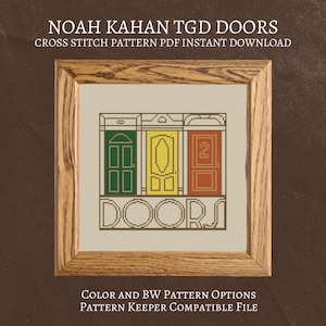 May include: Cross-stitch pattern showing three doors in green, yellow, and red, with the word "DOORS" below. The design is framed in a light brown wooden frame, with text at the top and bottom. The text reads "NOAH KAHAN TGD DOORS" and "COLOR AND BW PATTERN OPTIONS".