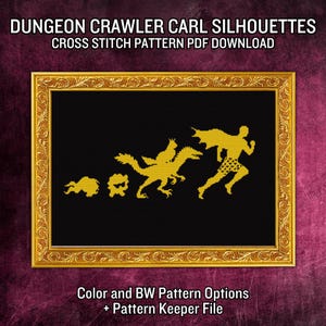 May include: A cross-stitch pattern PDF download featuring gold silhouettes on a black background. The design includes evolving figures, framed in gold, with the text "DUNGEON CRAWLER CARL SILHOUETTES" and "CROSS STITCH PATTERN PDF DOWNLOAD".