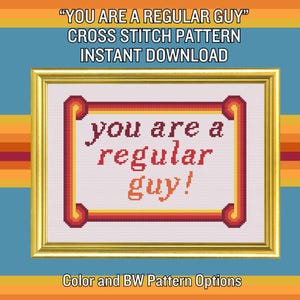 Può includere: Un modello a punto croce incorniciato con la scritta "you are a regular guy!" in rosso e arancione. La cornice è dorata e lo sfondo è bianco. L'immagine include anche il testo "YOU ARE A REGULAR GUY" e "CROSS STITCH PATTERN INSTANT DOWNLOAD".