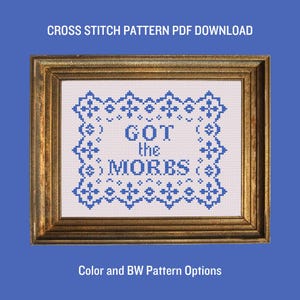 May include: A cross stitch pattern PDF download for a framed image with the text "GOT the MORBS" in blue lettering on a white background. The frame is gold and has a decorative border.