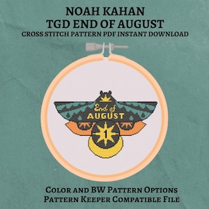 May include: A cross-stitch pattern design featuring a stylized moth with the text "End of August" and the number "1". The design is set within an embroidery hoop, with additional text at the top and bottom of the image. The colour palette includes teal, orange, yellow, and black.