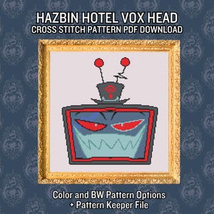 May include: Cross stitch pattern featuring the Vox Head character from Hazbin Hotel. The design, framed in gold, showcases a pixelated image of the character's face with red eyes and a teal mouth. The pattern includes color and black and white options.