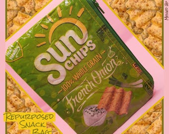 Repurposed Snack Bag Sun Chips French Onion Themed Upcycled Recycled Stash Bag Pencil Bag 6 1/4 X4 1/2 Inch