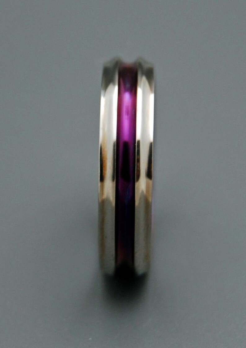 May include: A silver ring with a purple band in the center.