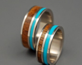 Wooden Wedding Rings, Titanium Wedding Band, Koa, Turquoise, Wedding Band, Wedding Ring, Mens Ring - WOODED COVE SET