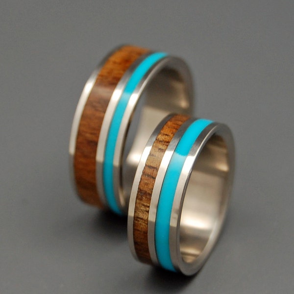 Wooden Wedding Rings, Titanium Wedding Band, Koa, Turquoise, Wedding Band, Wedding Ring, Mens Ring - WOODED COVE SET