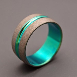 May include: A gray titanium ring with a green and blue metallic band.