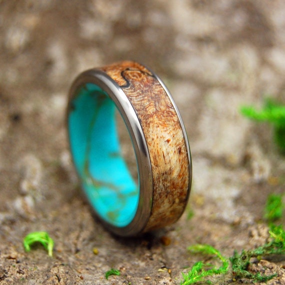 Wood Titanium Wedding Band: Turquoise Interior SPALTED MAPLE