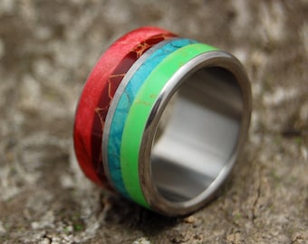 Meteorite Wedding Ring: Titanium Band with Wood & Stone Inlay BRIGHT LION