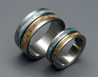 Titanium wedding ring, wedding band, wooden ring, men's ring, woman's ring, box elder wood, titanium ring, something blue- HEAVEN ON EARTH