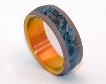 Titanium Wedding Ring, Men's ring, Women's ring, Wooden wedding rings, Blue Box Elder wood, SandBlasted finish, EVERY DROP of BLUE