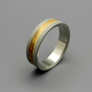 May include: A silver titanium ring with a thin band of wood inlay.