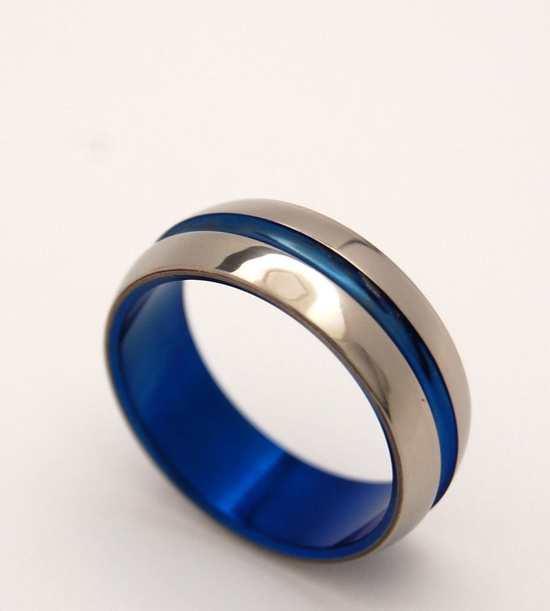 titanium wedding ring, men's ring, women's ring, commitment ring, engagement ring, something blue, titanium jewelry DOMED BLUE SIG. image 2