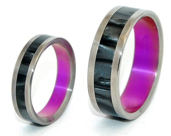 Black rings, wedding rings, titanium rings, wood rings, mens rings, womens ring, Titanium Wedding Bands, Eco-Friendly Rings - PINK ROXY Set