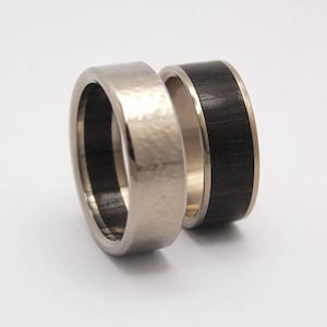 wedding rings, titanium rings, wood rings, complementing rings, Titanium Wedding Band, Hammered Bog Oak HUMBLE MAJESTY and UKRAINIAN Bog Oak