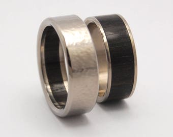 wedding rings, titanium rings, wood rings, complementing rings, Titanium Wedding Band, Hammered Bog Oak HUMBLE MAJESTY and UKRAINIAN Bog Oak