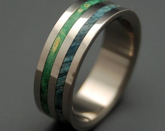 Wooden Wedding Rings, Titanium Wedding Rings, Green Box Elder, Blue Box Elder, Eco-Friendly Wedding Rings - JUNGLE VINES