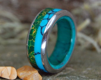 STONED ME to My SOUL | Egyptian Jade, Imperial Jade and Arizona Turquoise Titanium Men's Wedding Rings