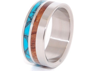 Titanium Wedding Band, turquoise wedding ring, wooden wedding ring, mens ring, womens ring, unique wedding ring, eco-friendly ring - LUCID