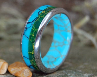 STILL SOUL | Egyptian Jade, Tibetan Turquoise and Arizona Turquoise Titanium Men's Wedding Rings