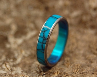 wedding rings, titanium rings, wood rings, womens ring, Titanium Wedding Bands, Eco-Friendly Rings - TURQUOISE WEDDING RING