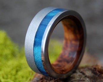 BUTTERFLIES | Blue Sparkle Resin & Redwood Titanium Engagement Ring