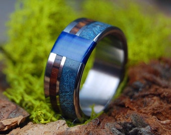 BLUE ME AWAY | Blue Box Elder Wood & Cocobolo Wood Titanium Engagement Ring