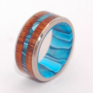 unique ring, koa ring, Titanium wedding rings, Wooden wedding rings, koa wood, mens ring, custom made rings, hand made, OUTRIGGER