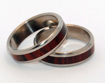 titanium wedding ring, cocobolo wood ring, matching wedding rings, unique wedding rings, custom made rings, wooden wedding ring, WARMTH