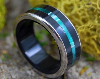 GREEN RIVER | Black Onyx Stone & Green Aquatic Resin Titanium Men's Wedding Rings