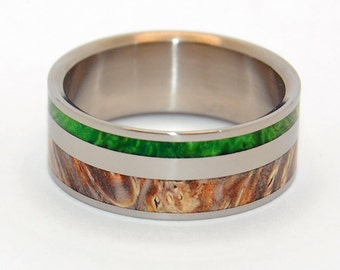 Titanium wedding ring, wedding band, wooden ring, men's ring, woman's ring, green and golden box elder wood, titanium ring - SPRING ETERNAL