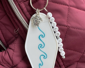 Beach Motel Keychain, Turtle Charm, Ocean Waves, Vacation Accessory
