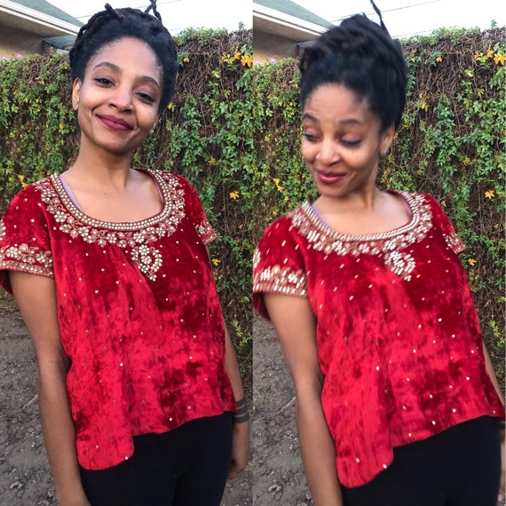 Glamorous Red Velvet & Gold Blouse / 40's Style Bl