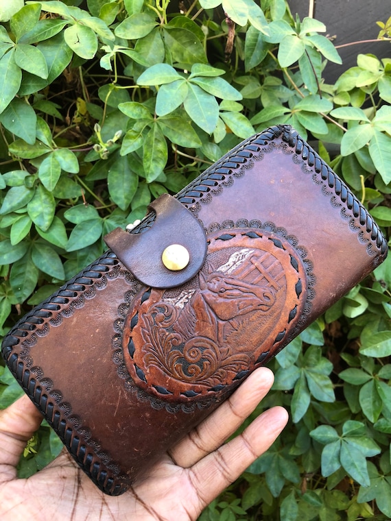 Vintage Tooled Leather Wallet / 70's Leather Walle