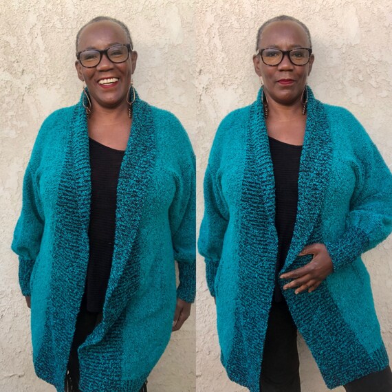 Vintage Boucle Long Cardigan Sweater / Teal Cardig