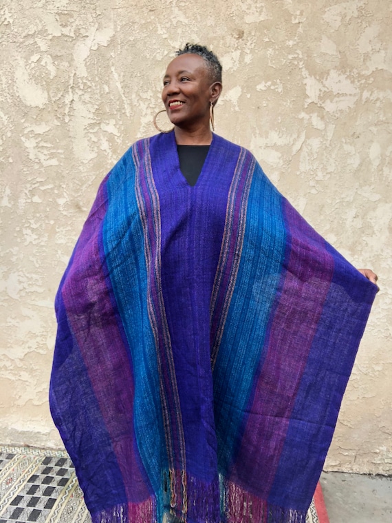Wool Hippie Poncho / Purple Boho Poncho / Fringe P