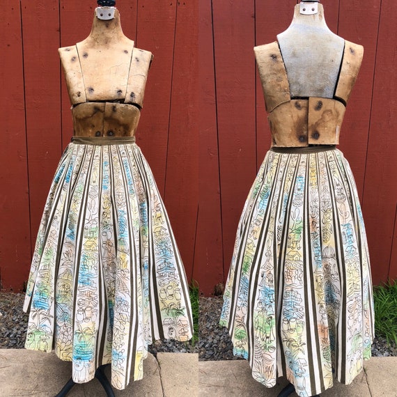 Vintage Mexican Skirt / Hand Painted Circle Skirt